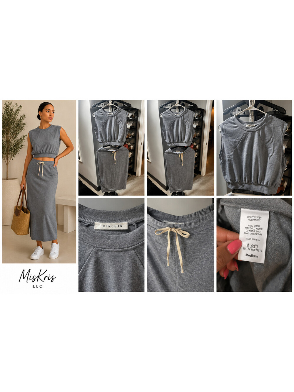 NWOT TheMogan Gray 2 Piece Skirt Set Medium Crop Top Midi Skirt Stretch